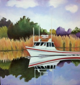 Oil painting of worksboat by Helene English