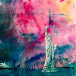 Lady Liberty with fireworks in painting by Patrice Drago