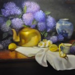 Painting of hydrangeas and brass pot by Barbara Beauchamp