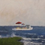 Oil painting of boat on bay by Fred Sprock