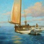 oil painting of skipjack with oysters by Kirk McBride