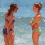 oil painting of 2 girls on the beach by Lynne Lockhart